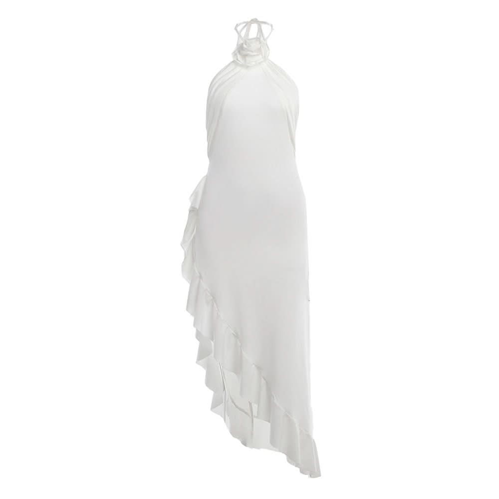 Ruffle irregular flower applique halter slit midi dress  | Festival Outfits Women