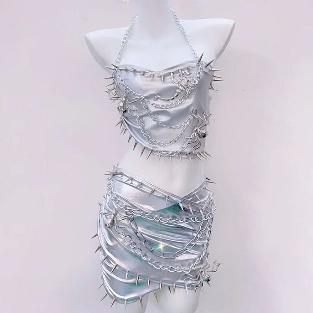 Metal chain halter rivet applique metallic mini skirt set  | Festival Outfits Women