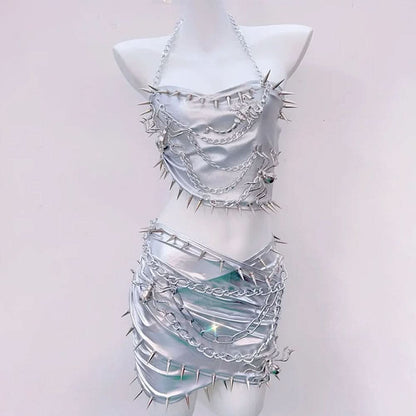 Metal chain halter rivet applique metallic mini skirt set  | Festival Outfits Women