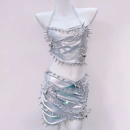 Metal chain halter rivet applique metallic mini skirt set  | Festival Outfits Women