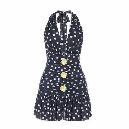 Polka dot halter ruched v neck self tie mini dress  | Festival Outfits Women