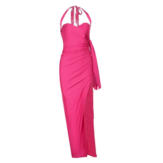 Halter self tie ruched v neck slit maxi dress  | Festival Outfits Women
