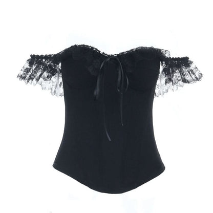 Lace hem off shoulder ribbon zip-up tube top  | Festival Outfits Women