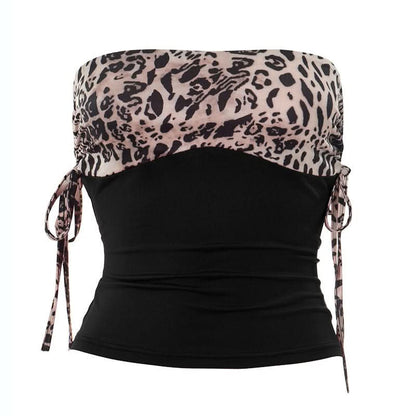 Drawstring ruched leopard print tube top  | Festival Outfits Women  | Cheetah Print Top