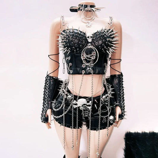 Metal chain skull applique rivet gloves cami top  | Festival Outfits Women