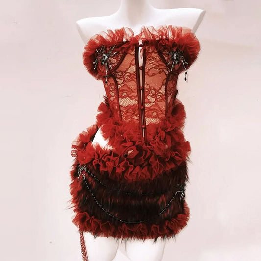 Fluffy ruffle button lace mini skirt set  | Festival Outfits Women