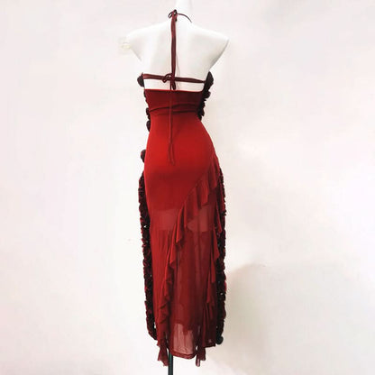 Halter self tie ruffle bowknot irregular maxi dress  | Festival Outfits Women
