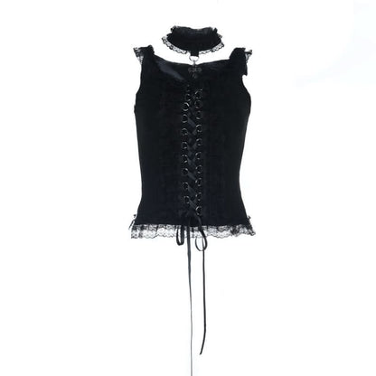 Lace hem lace up slit round neck top  | Festival Outfits Women