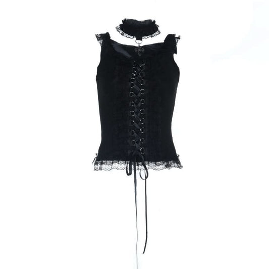 Lace hem lace up slit round neck top  | Festival Outfits Women