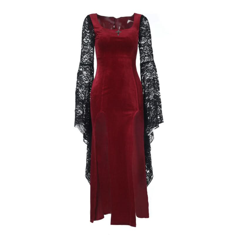 Long flared sleeve lace square neck slit midi dress  | Festival Outfits Women