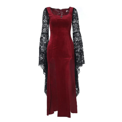 Long flared sleeve lace square neck slit midi dress  | Festival Outfits Women