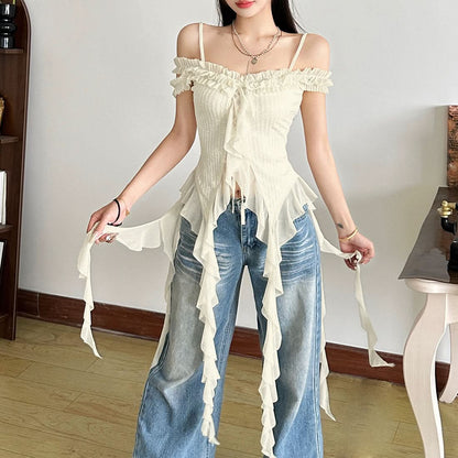 Off shoulder ruffle solid ruched cami top  | Festival Outfits Women