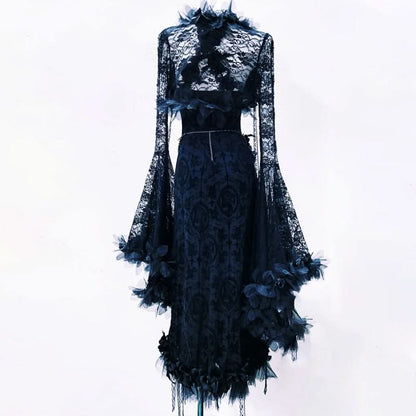 Lace long flared sleeve flower applique maxi dress  | Festival Outfits Women
