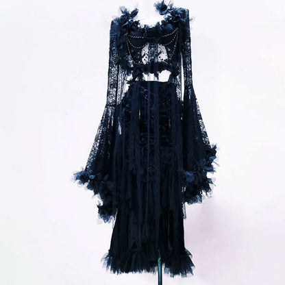 Hollow out long sleeve flower applique lace cut out maxi dress  | Festival Outfits Women
