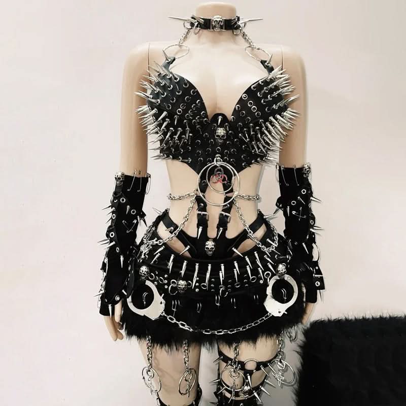 O ring PU leather rivet applique metal chain top  | Festival Outfits Women