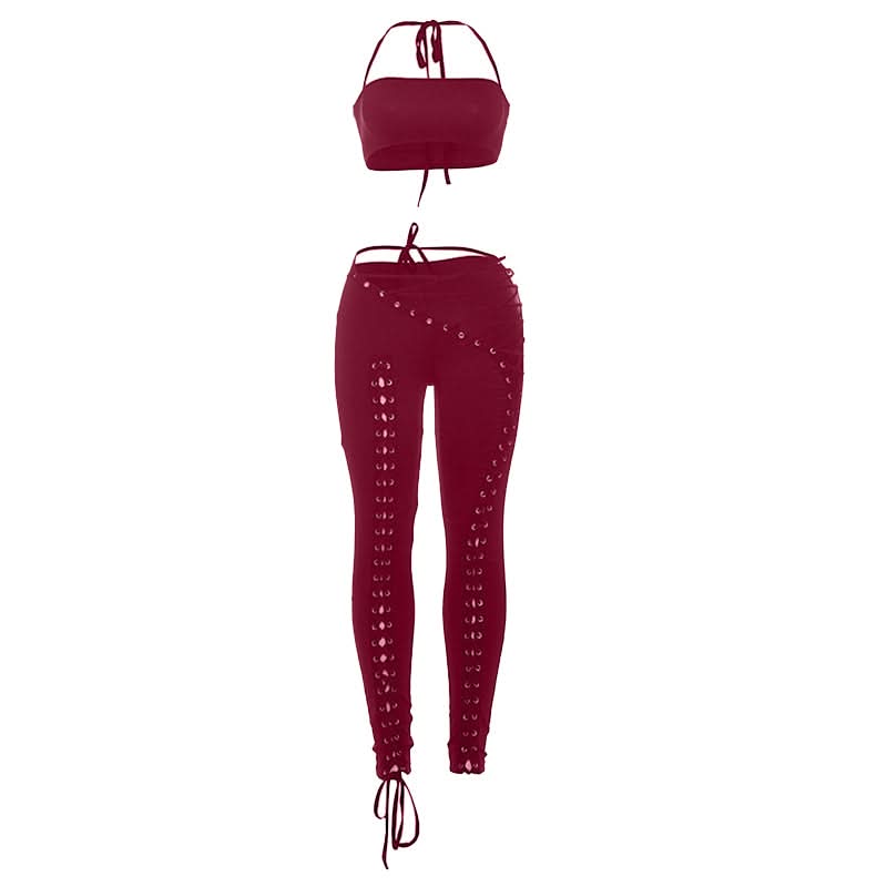 Self tie halter square neck lace up pant set  | Festival Outfits Women