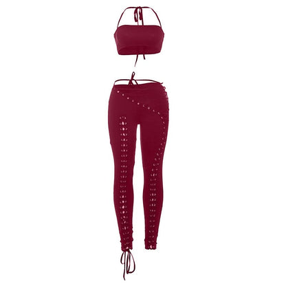Self tie halter square neck lace up pant set  | Festival Outfits Women