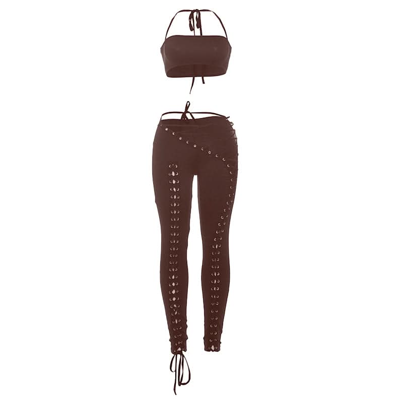 Self tie halter square neck lace up pant set  | Festival Outfits Women