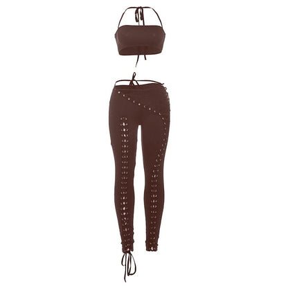 Self tie halter square neck lace up pant set  | Festival Outfits Women