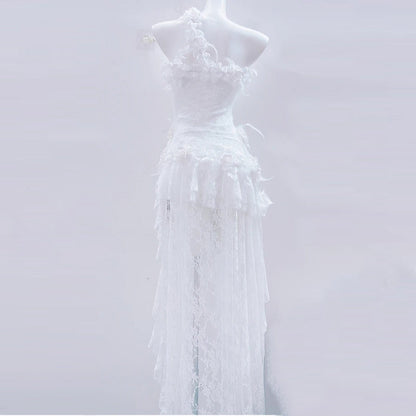 One shoulder lace hem flower applique mini dress  | Festival Outfits Women