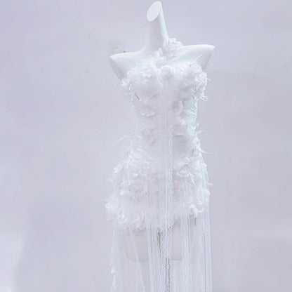One shoulder lace hem flower applique mini dress  | Festival Outfits Women