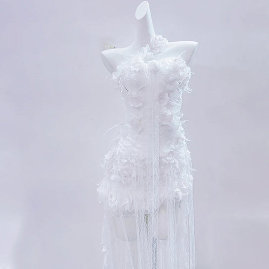 One shoulder lace hem flower applique mini dress  | Festival Outfits Women