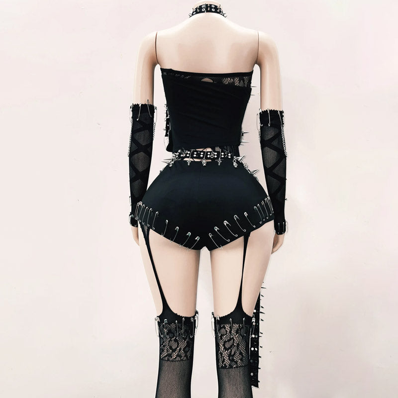 Halter hollow out metal chain rivet applique pant set  | Festival Outfits Women