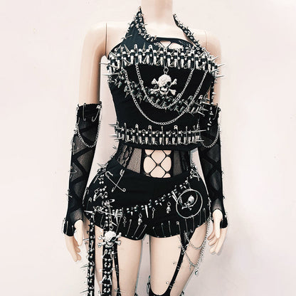 Halter hollow out metal chain rivet applique pant set  | Festival Outfits Women