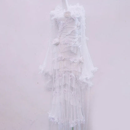 Long flared sleeve flower applique lace hem maxi dress  | Festival Outfits Women