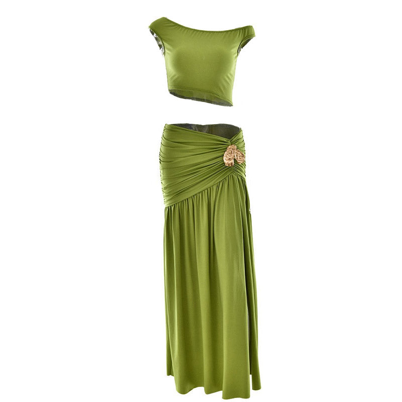 Ruched high slit irregular solid maxi skirt set  | Festival Outfits Women