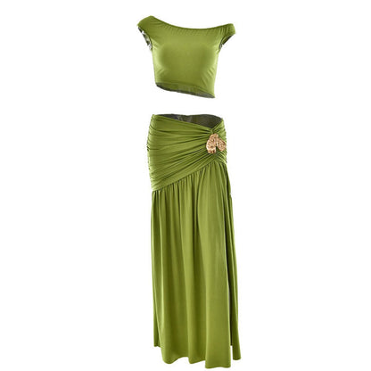 Ruched high slit irregular solid maxi skirt set  | Festival Outfits Women