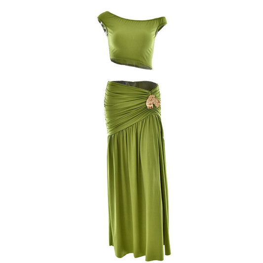 Ruched high slit irregular solid maxi skirt set  | Festival Outfits Women