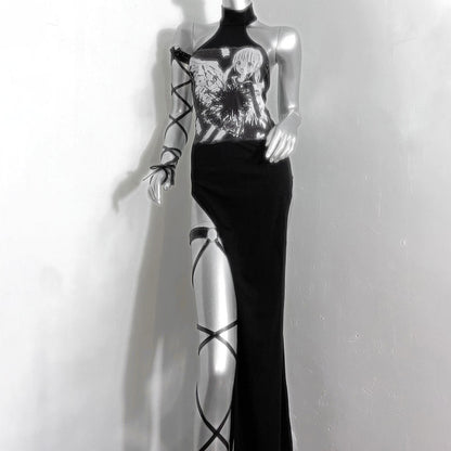 Halter slit portrait pattern backless maxi dress  | Festival Outfits Women
