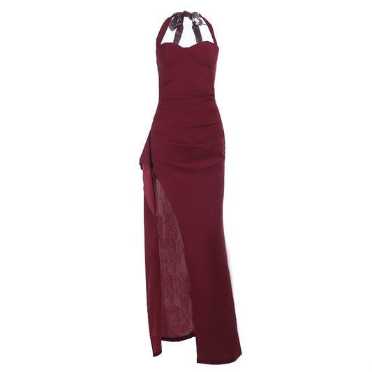 Halter high slit ruched solid maxi dress  | Festival Outfits Women