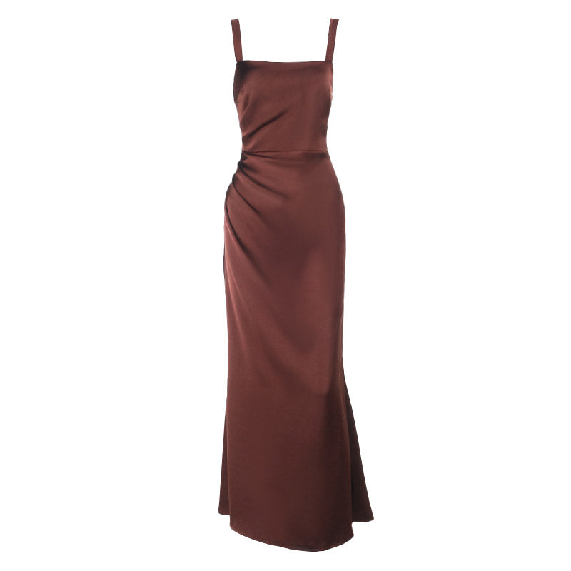 Square neck satin ruched zip-up cami maxi dress  | Festival Outfits Women