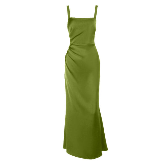 Square neck satin ruched zip-up cami maxi dress  | Festival Outfits Women
