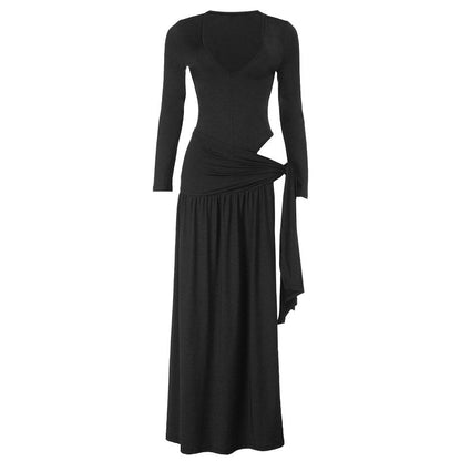 Long sleeve v neck ruched irregular maxi skirt set  | Festival Outfits Women