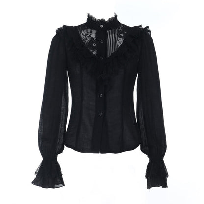 Long sleeve lace button ruffle solid top  | Festival Outfits Women