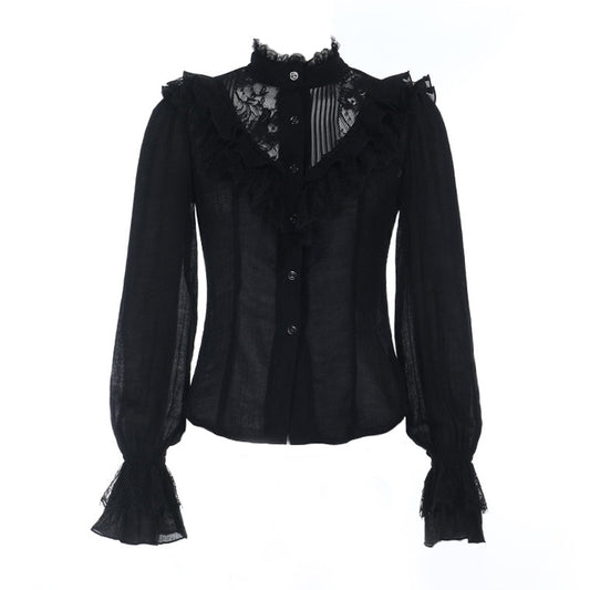 Long sleeve lace button ruffle solid top  | Festival Outfits Women