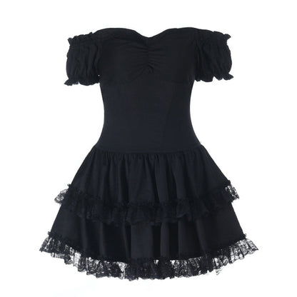 Lace hem off shoulder smocked ruched mini dress  | Festival Outfits Women
