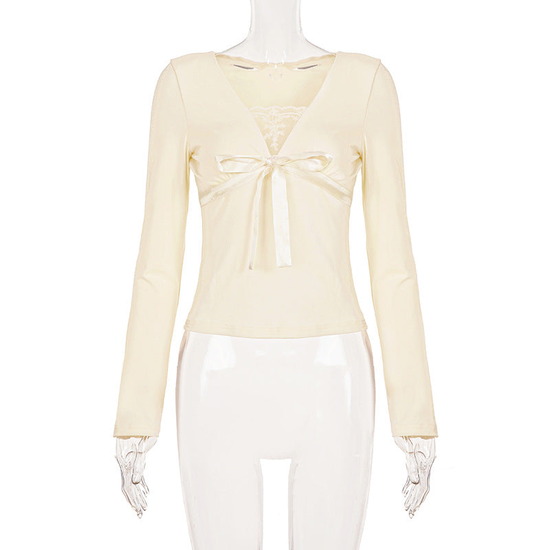 Bowknot long sleeve v neck lace top  | Festival Outfits Women