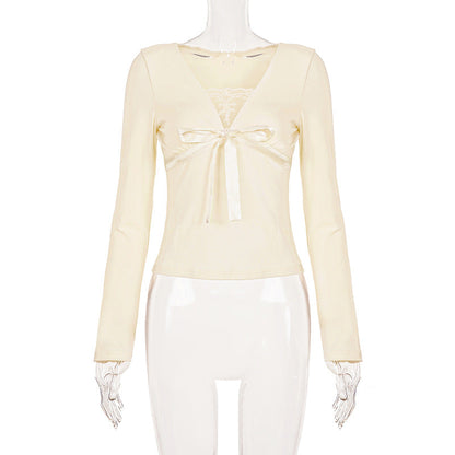 Bowknot long sleeve v neck lace top  | Festival Outfits Women