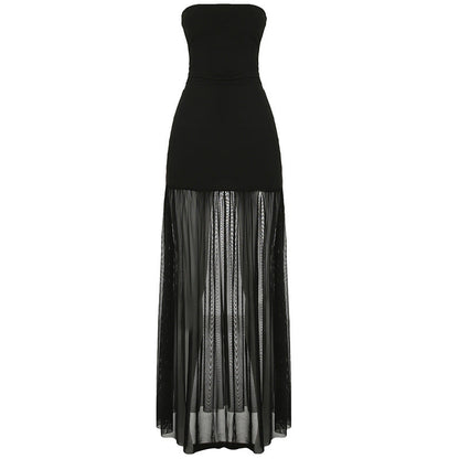 Slit mesh ruched backless tube maxi dress  | Festival Outfits Women