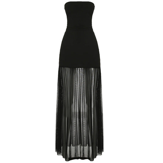Slit mesh ruched backless tube maxi dress  | Festival Outfits Women
