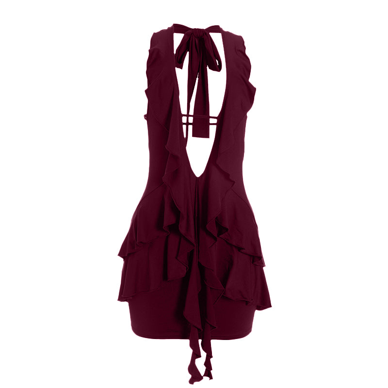 Halter self tie ruched deep v neck ruffle mini dress  | Festival Outfits Women