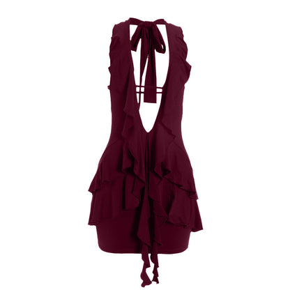 Halter self tie ruched deep v neck ruffle mini dress  | Festival Outfits Women