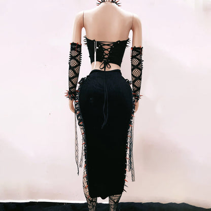 Metal chain rivet applique lace up tube top  | Festival Outfits Women
