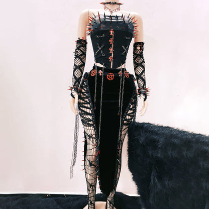 Metal chain rivet applique lace up tube top  | Festival Outfits Women