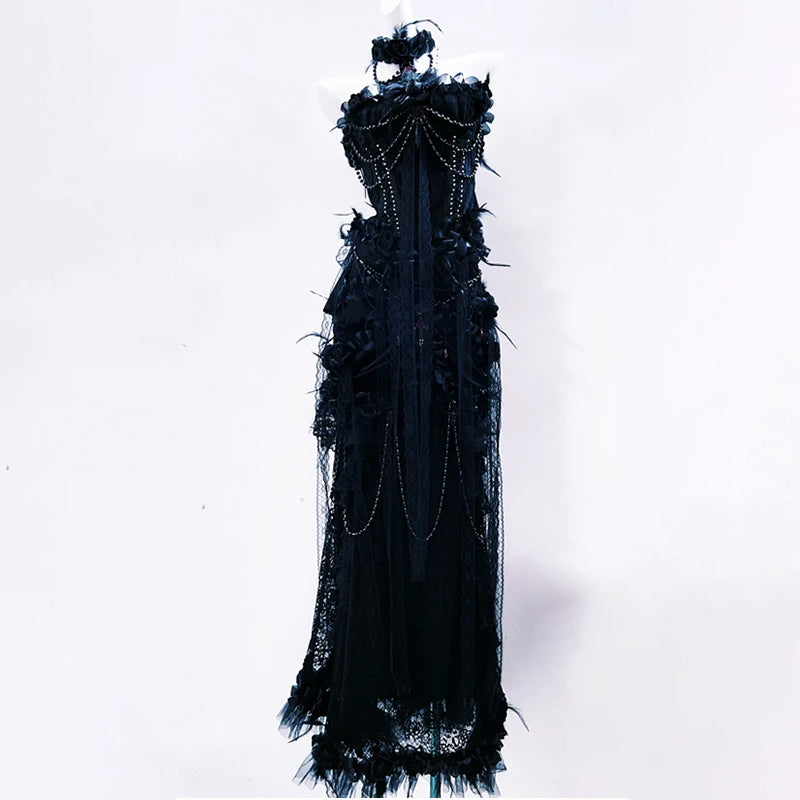 Beaded flower applique feather tube maxi skirt set  | Festival Outfits Women