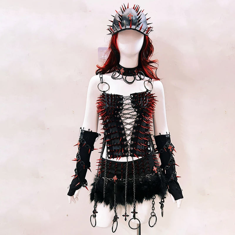 Metal chain lace up rivet applique zip-up top  | Festival Outfits Women
